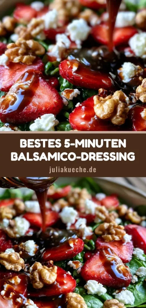 Cremiges Balsamico-Dressing: Das ultimative Rezept für Deinen Lieblingssalat 4 Nahaufnahme von einem frischen Spinatsalat mit Erdbeeren und Feta, der mit einem dicken, dunklen Cremiges Balsamico-Dressing übergossen wird.