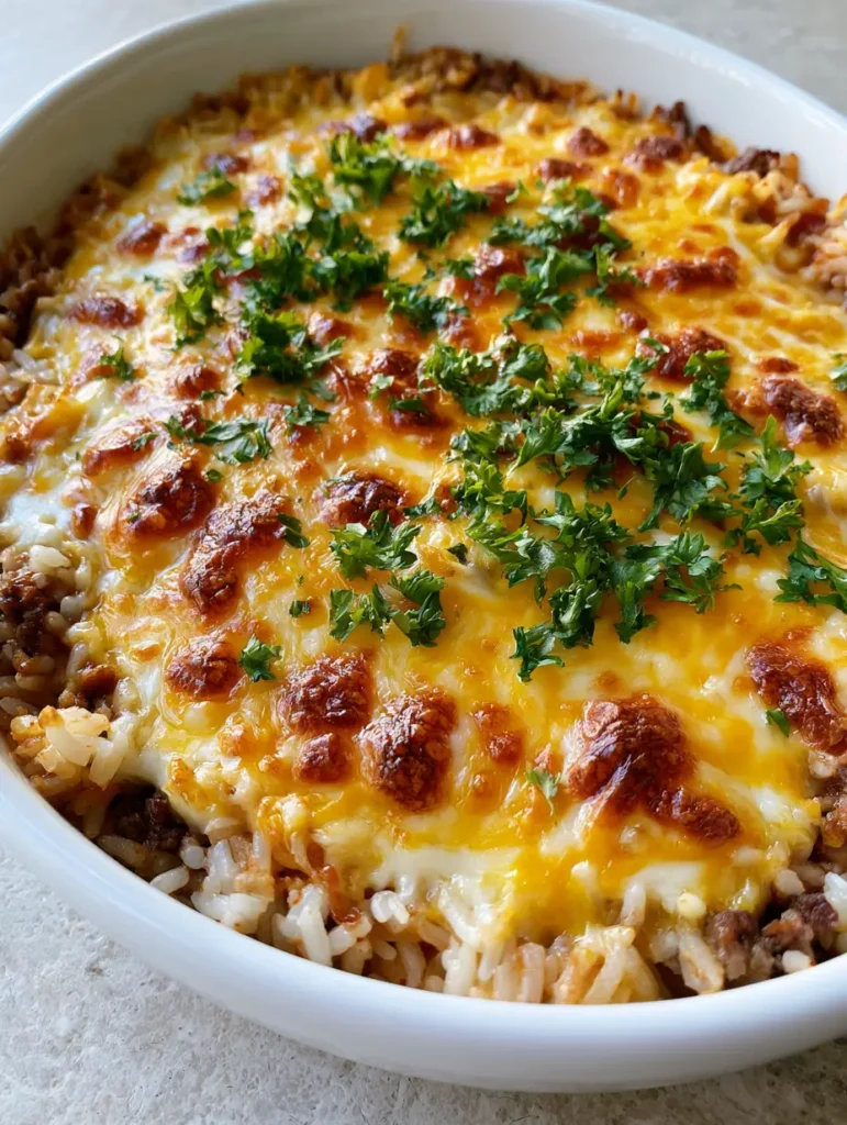 Hackfleisch-Reis-Auflauf: Das ultimative Comfort Food mit goldgelber Käsekruste 1 Herzhafter Hackfleisch-Reis-Auflauf in der Auflaufform servierfertig auf einem grauen Untergrund.