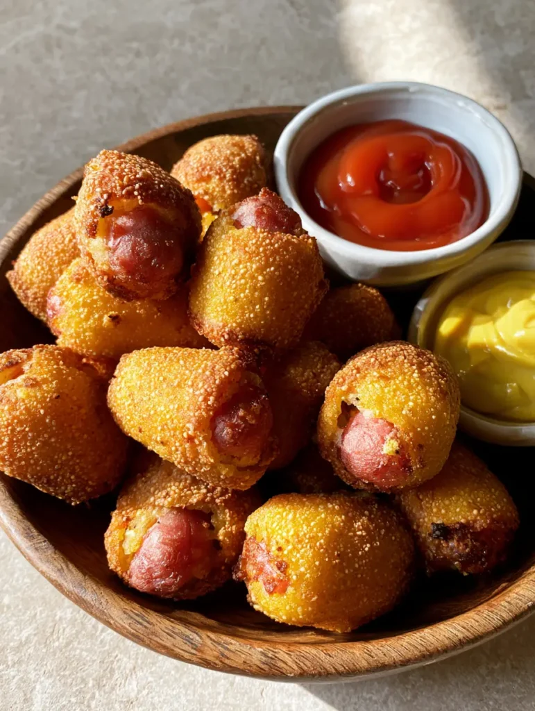 Mini Corn Dogs Rezept: Knusprige Party-Bites wie vom Jahrmarkt 2 Nahaufnahme von knusprigen Mini Corn Dogs mit sichtbarer Textur des Maisteigs. (Mini Corn Dogs Rezept)
