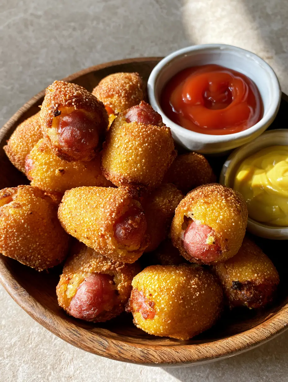 Mini Corn Dogs Rezept: Knusprige Party-Bites wie vom Jahrmarkt 4 Nahaufnahme von knusprigen Mini Corn Dogs mit sichtbarer Textur des Maisteigs. (Mini Corn Dogs Rezept)