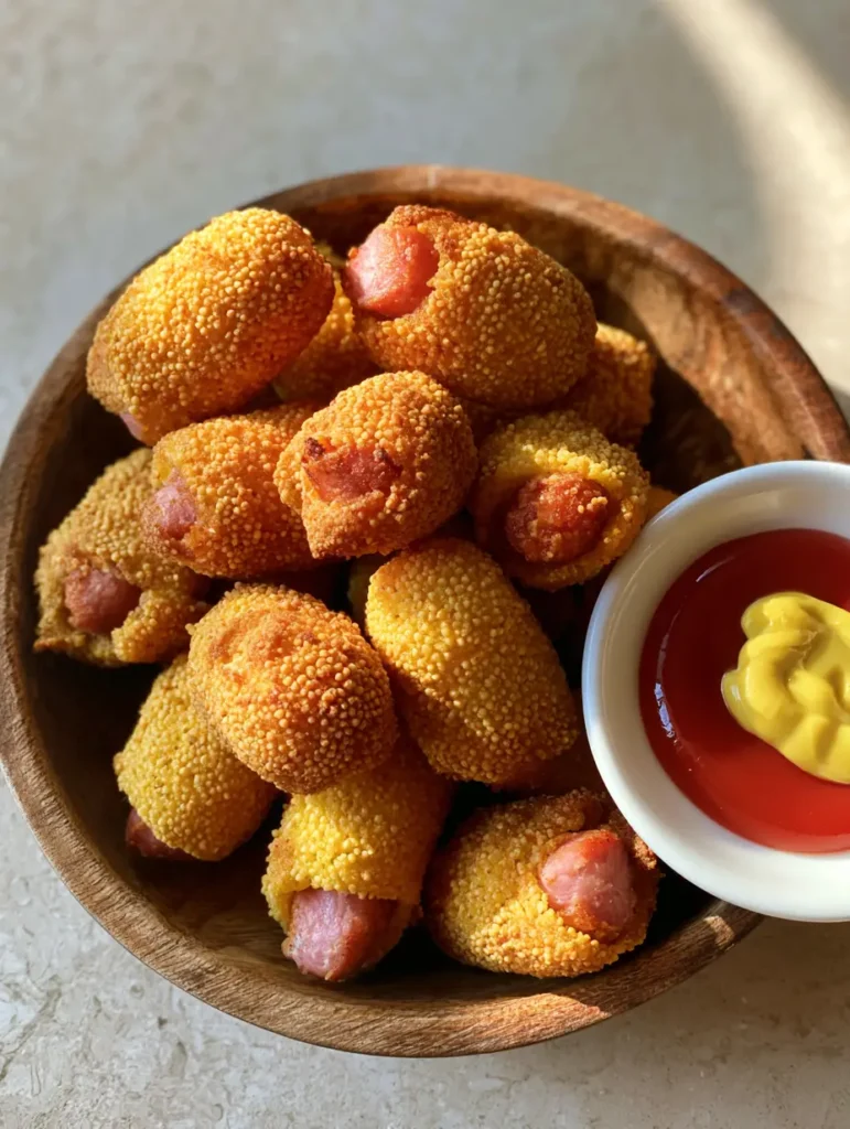 Mini Corn Dogs Rezept: Knusprige Party-Bites wie vom Jahrmarkt 1 Draufsicht auf servierfertige Mini Corn Dogs mit Dip-Schälchen auf einer Steintheke.