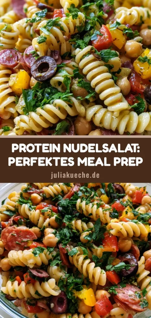 Proteinreicher Nudelsalat: Das ultimative Rezept für Meal Prep und Grillabende 4 Ein bunter Proteinreicher Nudelsalat mit Rotini, Salami, Kichererbsen und Paprika in einer Glasschüssel auf hellem Hintergrund.