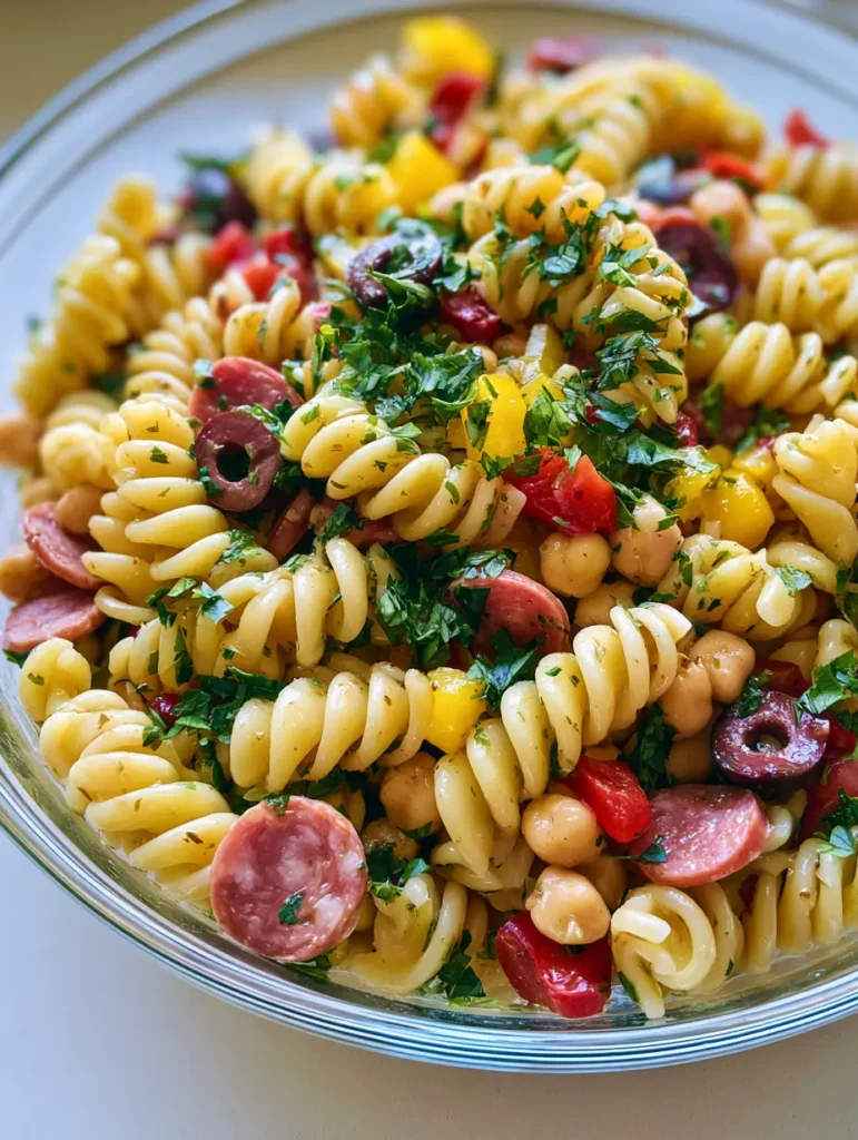 Nahaufnahme von oben: Proteinreicher Nudelsalat mit glänzender Vinaigrette, Salami und frischer Petersilie.