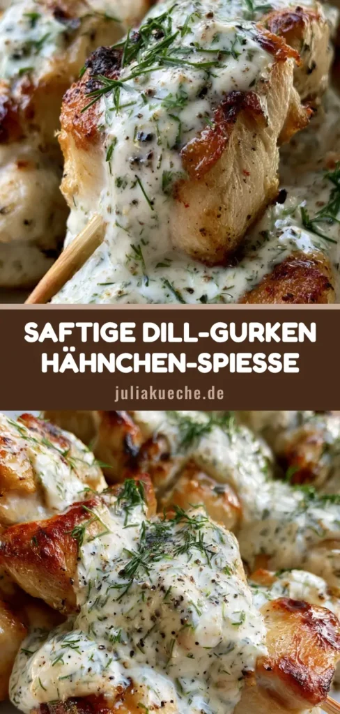 Hähnchenspieße mit Gewürzgurken: Das ultimative Air-Fryer-Rezept 4 Nahaufnahme von Hähnchenspießen mit Gewürzgurken-Marinade, überzogen mit weißem Dill-Ranch-Dressing auf Holzspießen.