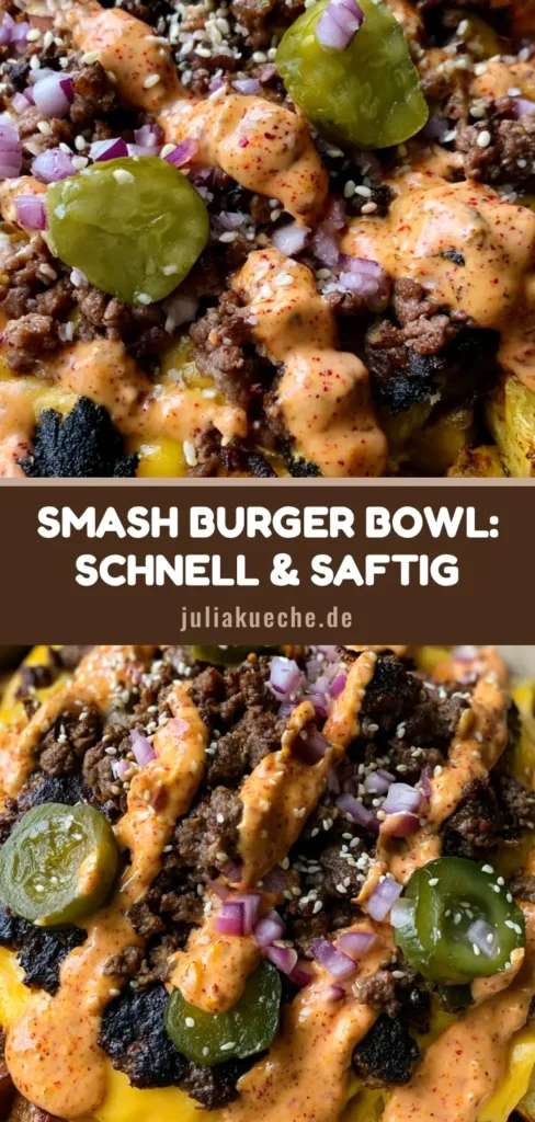Smash Burger Bowl: Das ultimative Rezept für Burger-Liebhaber 4 Draufsicht einer Smash Burger Bowl mit Eisbergsalat, knusprigem Hackfleisch, geschmolzenem Cheddar, karamellisierten Zwiebeln und Burger-Sauce.