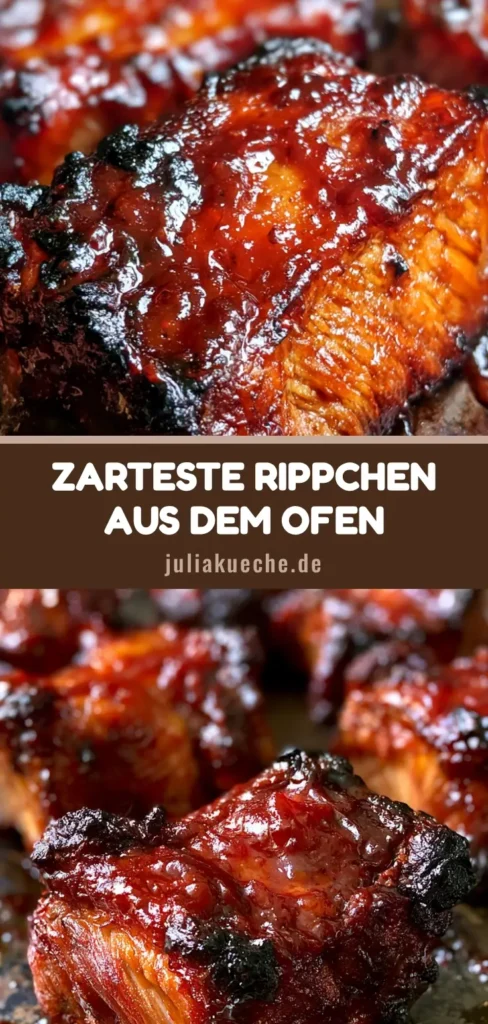 Rippchen aus dem Ofen: Das ultimative Rezept für butterzarte BBQ-Ribs 4 Saftige Rippchen aus dem Ofen mit klebriger BBQ-Glasur auf einem dunklen Backblech.