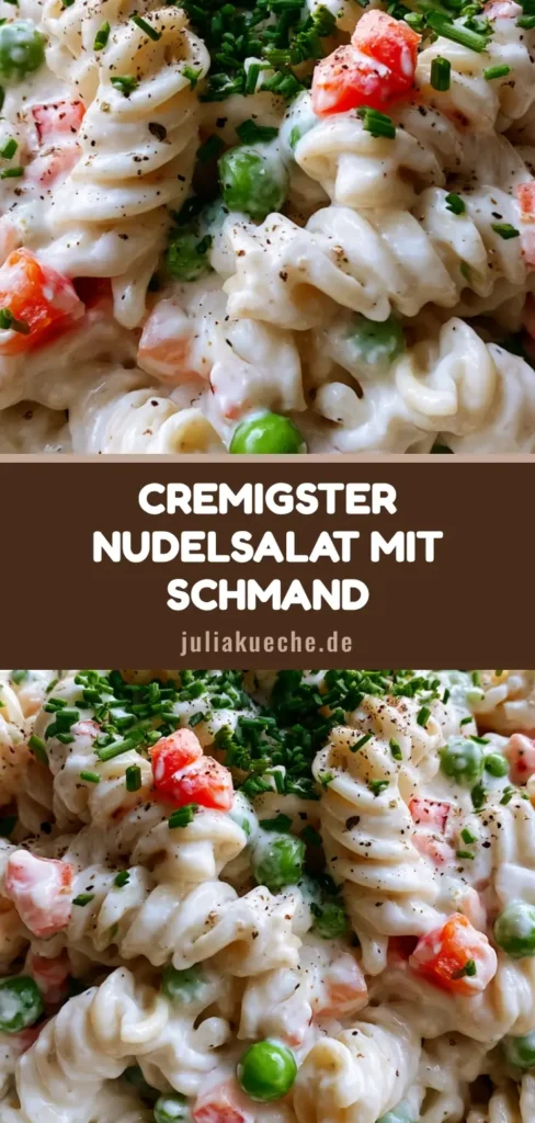 Nudelsalat mit Schmand: Das ultimative Rezept für cremigen Genuss 4 Draufsicht auf einen cremigen Nudelsalat mit Schmand in einer weißen Schüssel, garniert mit Schnittlauch und schwarzem Pfeffer.