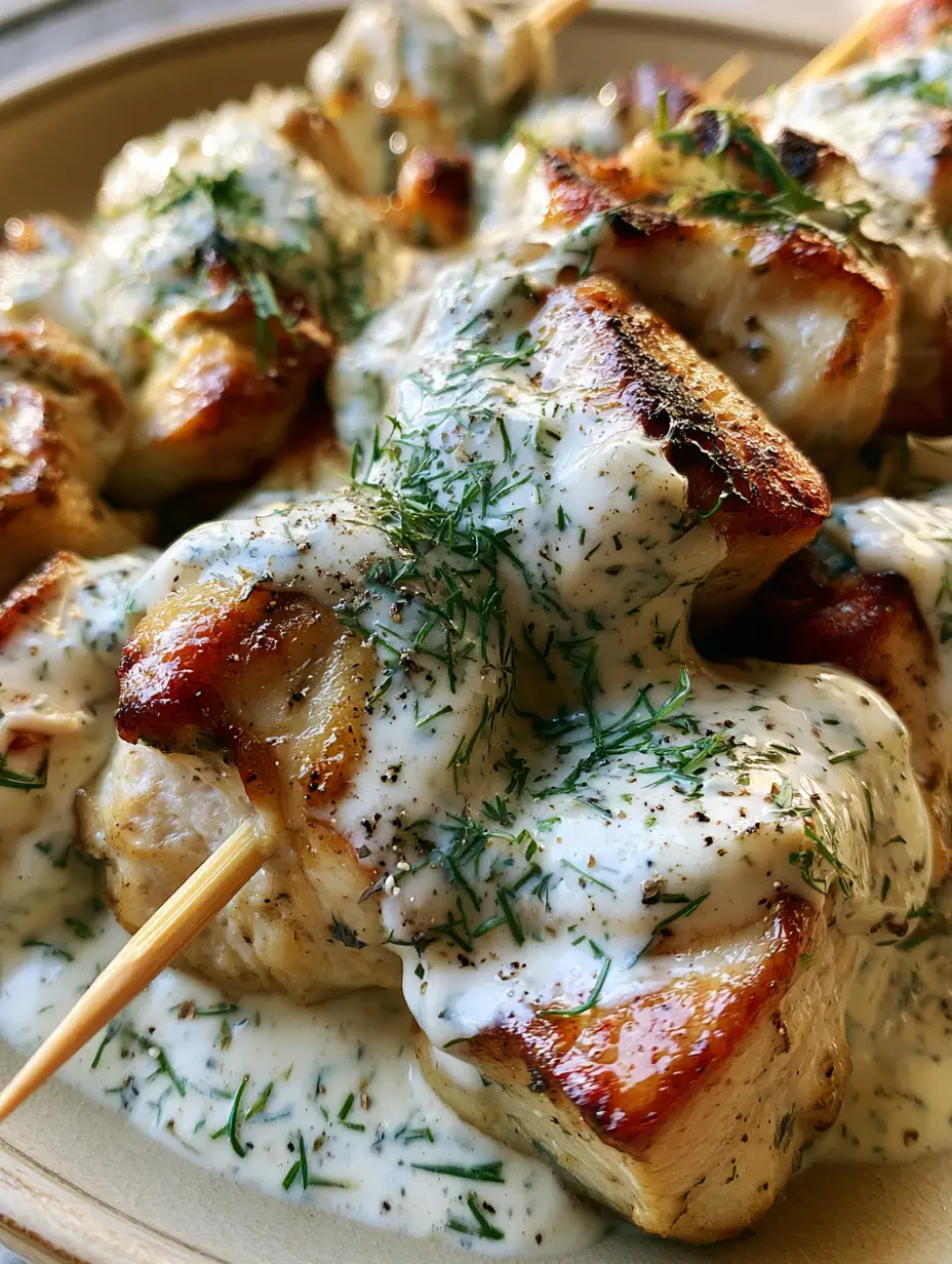 Hähnchenspieße mit Gewürzgurken: Das ultimative Air-Fryer-Rezept 3 Handgehaltenes Foto von saftigen Hähnchenspießen mit goldbraunen Rändern und viel Dill.