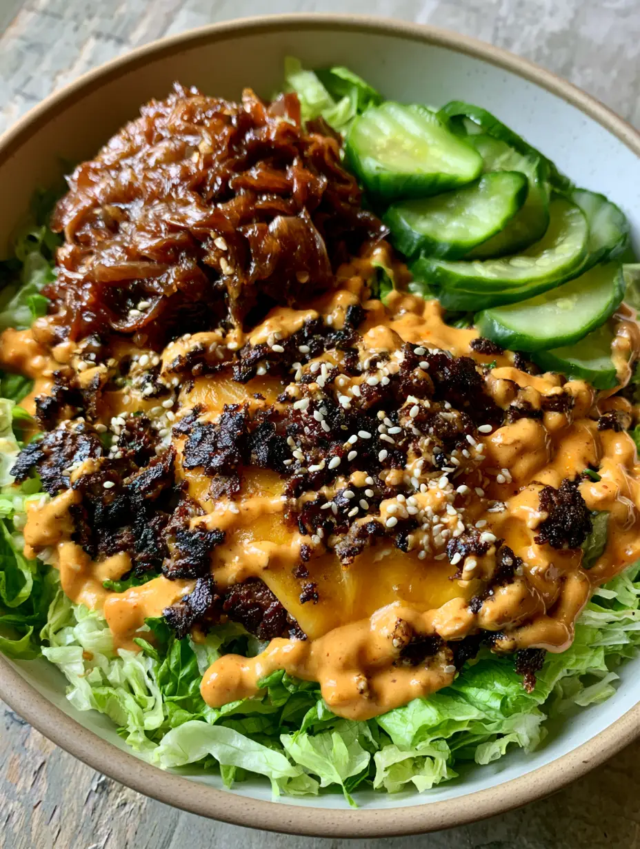 Smash Burger Bowl: Das ultimative Rezept für Burger-Liebhaber 3 Nahaufnahme einer Smash Burger Bowl in einer Keramikschüssel mit viel Käse und Sauce.