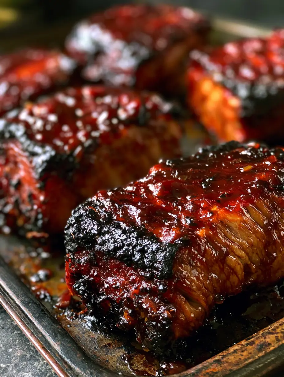 Rippchen aus dem Ofen: Das ultimative Rezept für butterzarte BBQ-Ribs 3 Nahaufnahme von dick geschnittenen Country Style Rippchen aus dem Ofen mit glänzender Sauce.
