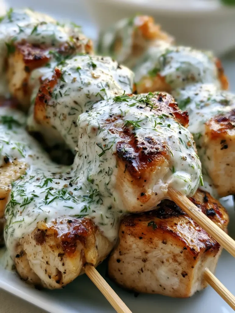 Hähnchenspieße mit Gewürzgurken: Das ultimative Air-Fryer-Rezept 1 Hähnchenwürfel auf Holzspießen mit glänzender Marinade und Kräutern bestreut.