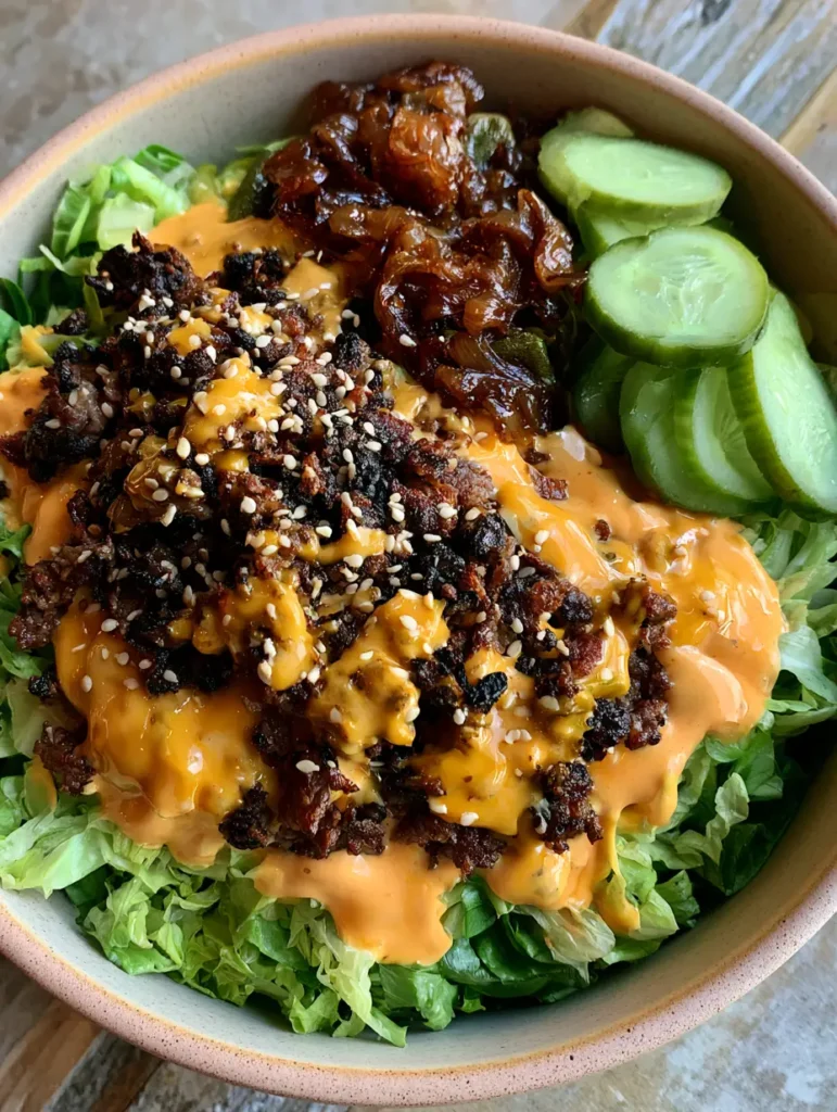 Smash Burger Bowl: Das ultimative Rezept für Burger-Liebhaber 1 Fertig angerichtete Smash Burger Bowl mit karamellisierten Zwiebeln und Gewürzgurken.