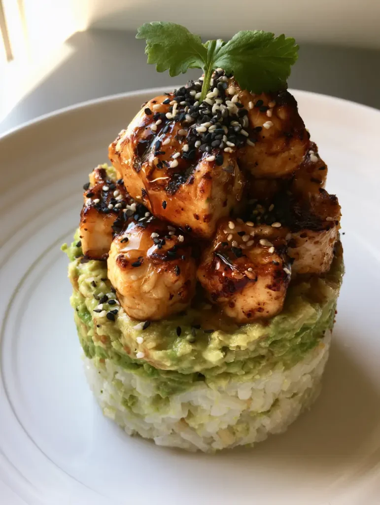 Honig-Limetten-Hähnchen: Die ultimative Bowl mit Avocado und Reis 2 Nahaufnahme eines zylindrisch gestapelten Honig-Limetten-Hähnchens auf einem weißen Teller.