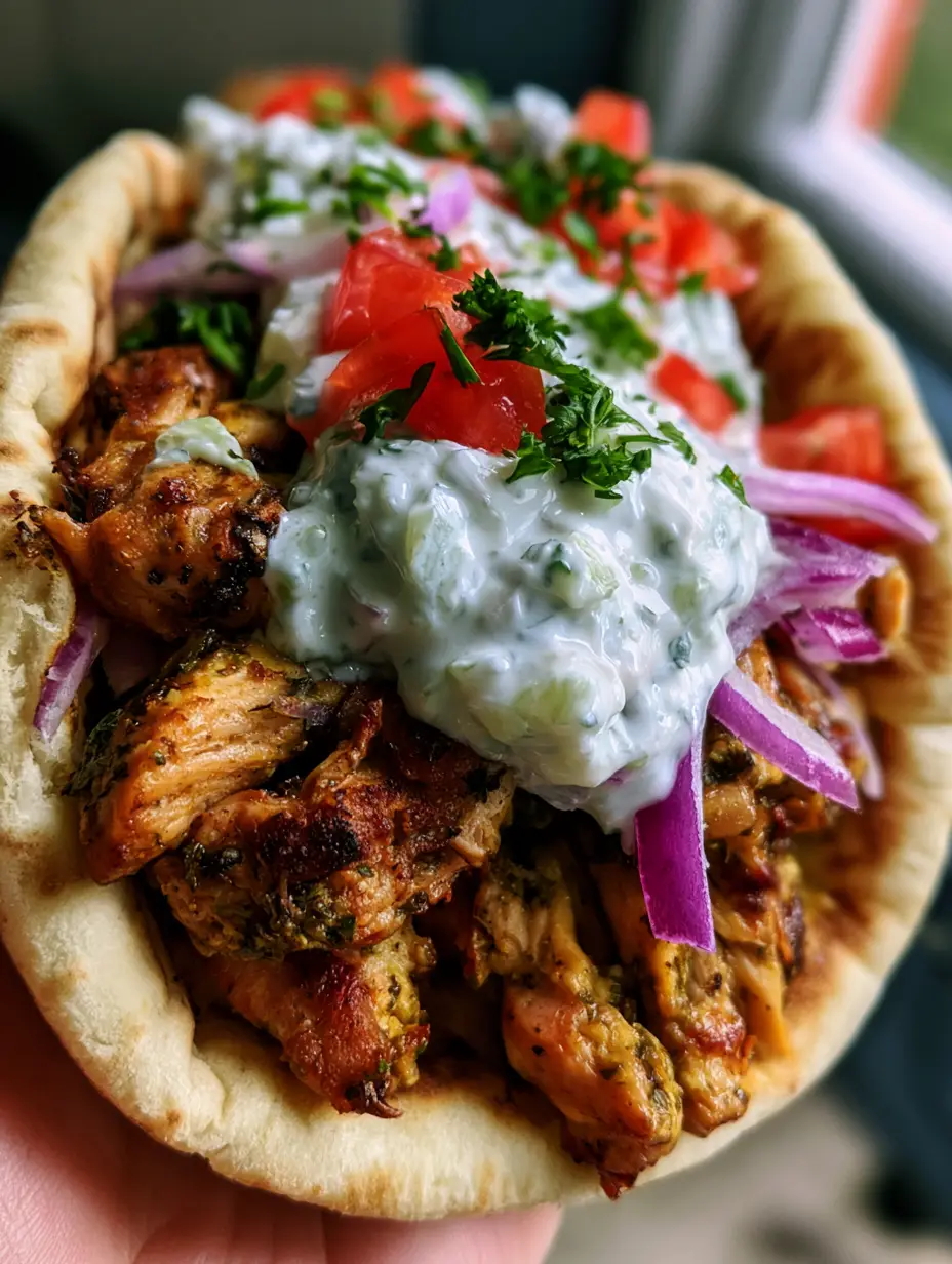 Hähnchen Gyros Rezept: Saftiges Grillfleisch & cremiges Tzatziki 3 Nahaufnahme einer Hand, die eine gefüllte Pita mit Hähnchen Gyros Rezept, Tomaten und Zwiebeln hält.