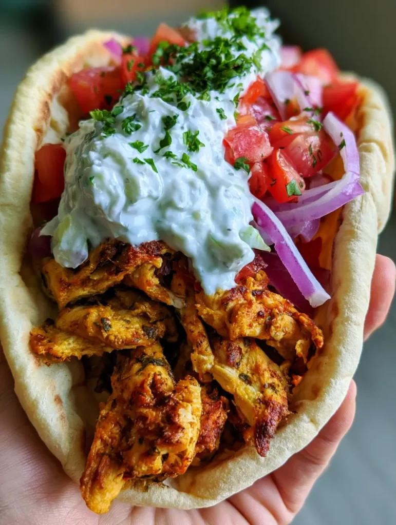 Hähnchen Gyros Rezept: Saftiges Grillfleisch & cremiges Tzatziki 1 Frisch zubereitetes Hähnchen Gyros Rezept mit cremigem Tzatziki und Kräutern in einer Pita.