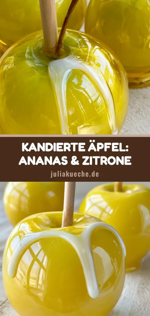 Drei kandierte Äpfel mit glänzend gelber Glasur und weißem Zuckerguss-Drizzle auf Holzstäben.