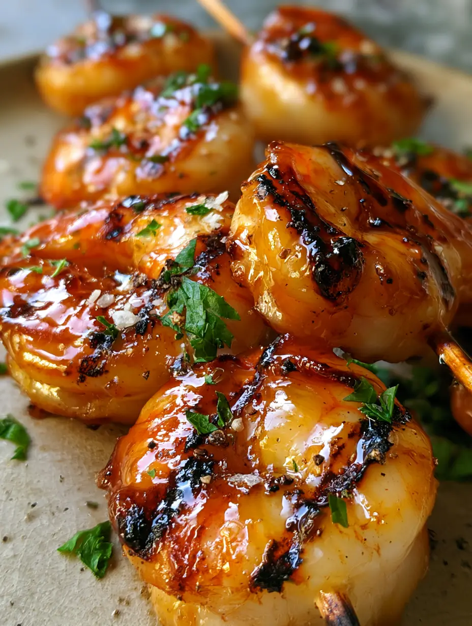 Gegrillte Garnelen mit Honig-Glasur: Das ultimative Sommer-Rezept 4 Nahaufnahme von gegrillten Garnelen mit deutlichen Grillstreifen und glänzendem Honig-Überzug.