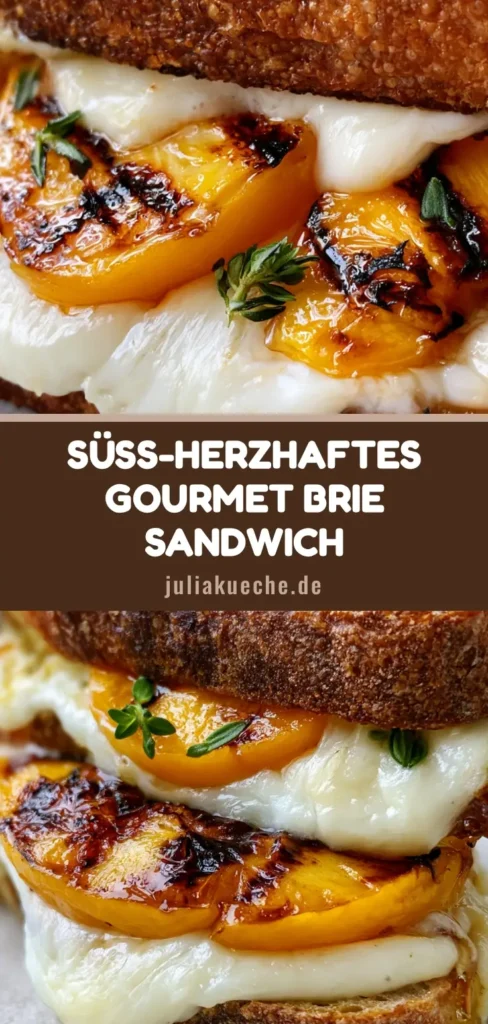 Ein Pfirsich-Brie-Sandwich aus knusprigem Sauerteigbrot mit geschmolzenem Käse und gegrillten Pfirsichen.