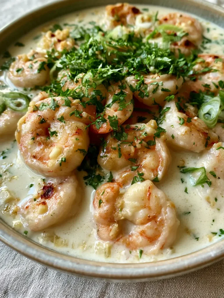 Garnelen in Kokosmilch: Das ultimative 15-Minuten-Rezept für Feinschmecker 2 Nahaufnahme von gebratenen Garnelen in einer dicken weißen Kokosmilchsauce mit Kräutern.