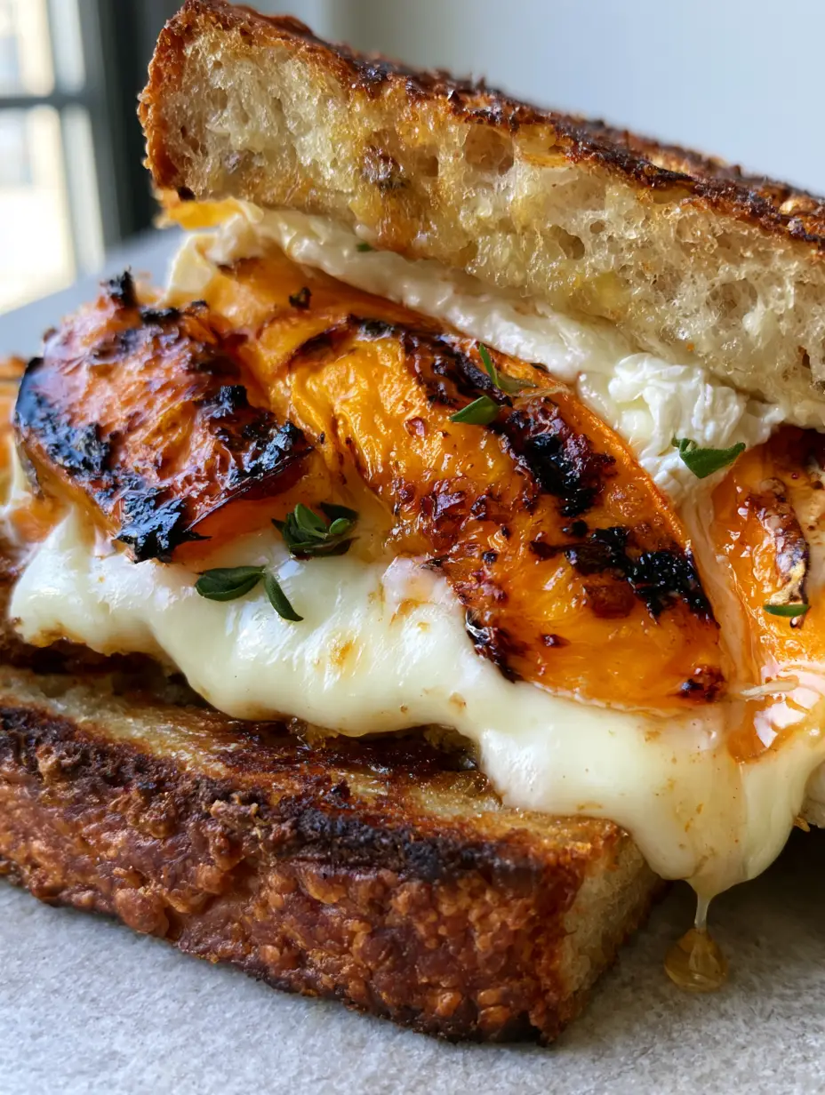 Nahaufnahme eines Pfirsich-Brie-Sandwiches in der Hand, goldbraune Kruste und flüssiger Käse.