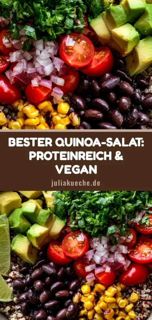 Bunter Quinoa Salat mit Mais, schwarzen Bohnen, Avocado und Limetten in einer Schüssel.