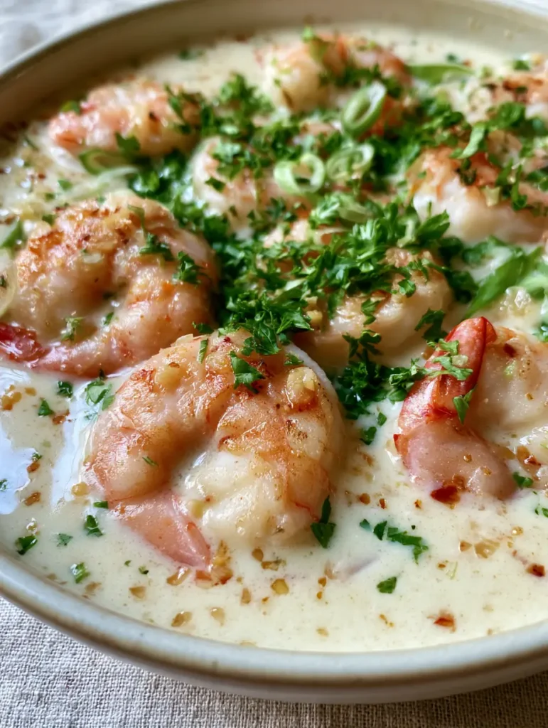 Garnelen in Kokosmilch: Das ultimative 15-Minuten-Rezept für Feinschmecker 1 Garnelen in Kokosmilch serviert in einer Keramikschale, garniert mit Frühlingszwiebeln.