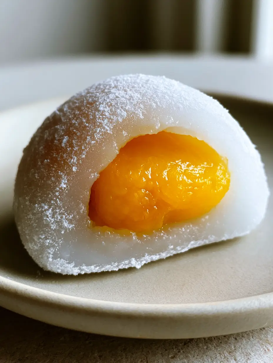 Mango Mochi Rezept: Die ultimative Anleitung für weiche, japanische Reiskuchen 3 Nahaufnahme eines Mango Mochi in der Hand, der Teig ist weiß und mit Stärke bestäubt. (Mango Mochi Rezept)
