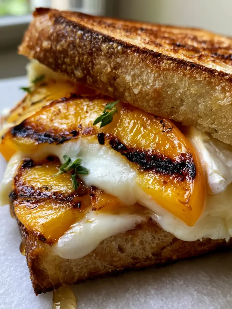 Gourmet Pfirsich-Brie-Sandwich auf einem grauen Steinhintergrund mit Honig-Drizzle.