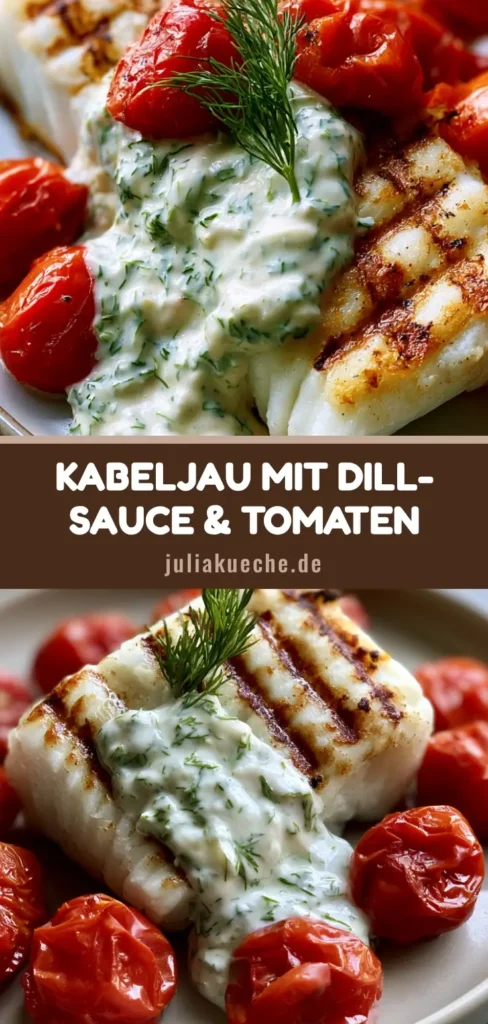 Kabeljau mit Dill-Sauce: Das ultimative Rezept für saftigen Fisch 4 Nahaufnahme von gegrilltem Kabeljau mit Dill-Sauce und gerösteten Tomaten auf einem Teller.