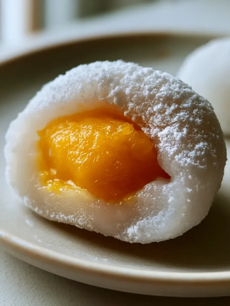 Mango Mochi Rezept: Die ultimative Anleitung für weiche, japanische Reiskuchen 1 Ein aufgeschnittenes Mango Mochi zeigt das leuchtend orangefarbene Fruchtfleisch im Inneren.