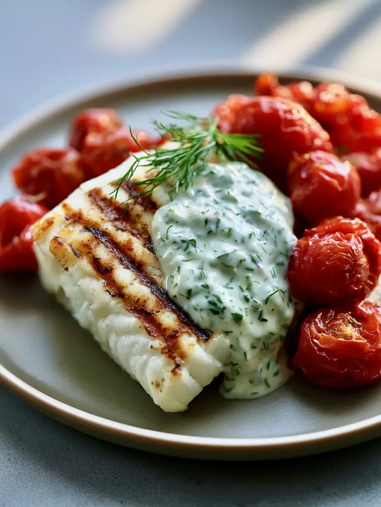 Kabeljau mit Dill-Sauce: Das ultimative Rezept für saftigen Fisch 2 Gegrilltes Kabeljaufilet mit deutlichen Grillstreifen und geplatzten Kirschtomaten.