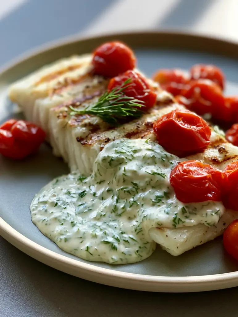 Kabeljau mit Dill-Sauce: Das ultimative Rezept für saftigen Fisch 1 Kabeljau mit einer dicken, cremigen weißen Dill-Sauce und frischem Dill garniert.