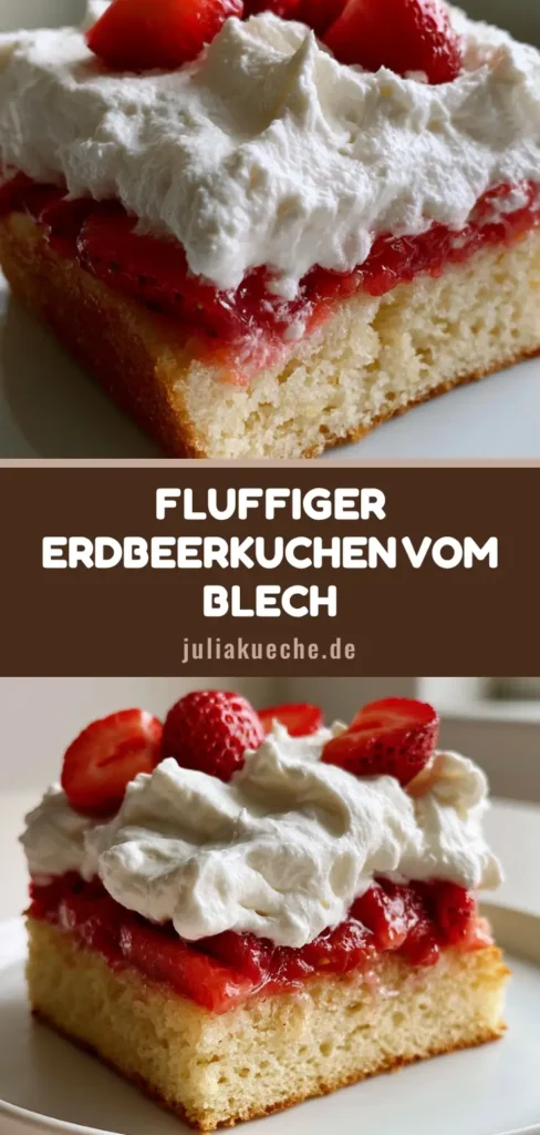 Erdbeerkuchen vom Blech: Das fluffigste Rezept mit Sahne & frischen Beeren 4 Ein Stück Erdbeerkuchen vom Blech mit fluffigem Biskuit, mazerierten Erdbeeren und einer dicken Schicht Schlagsahne auf einem weißen Teller.