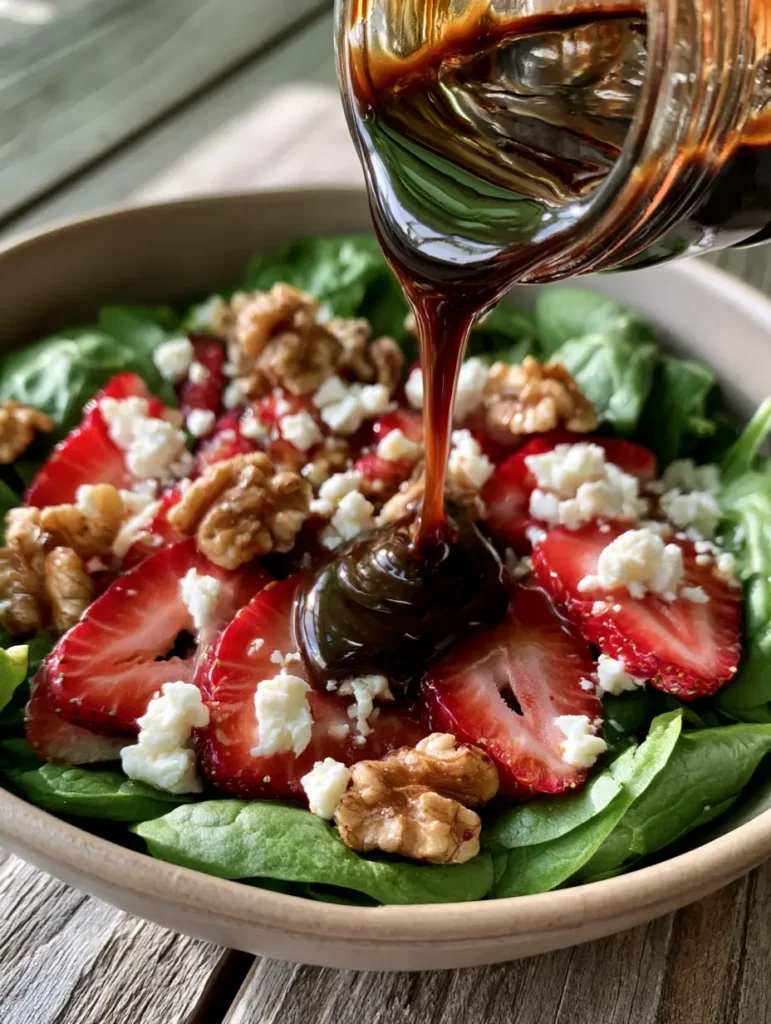 Cremiges Balsamico-Dressing: Das ultimative Rezept für Deinen Lieblingssalat 2 Ein flacher Keramikteller mit Babyspinat, Erdbeeren, Feta und Walnüssen, garniert mit dunklem Cremiges Balsamico-Dressing.