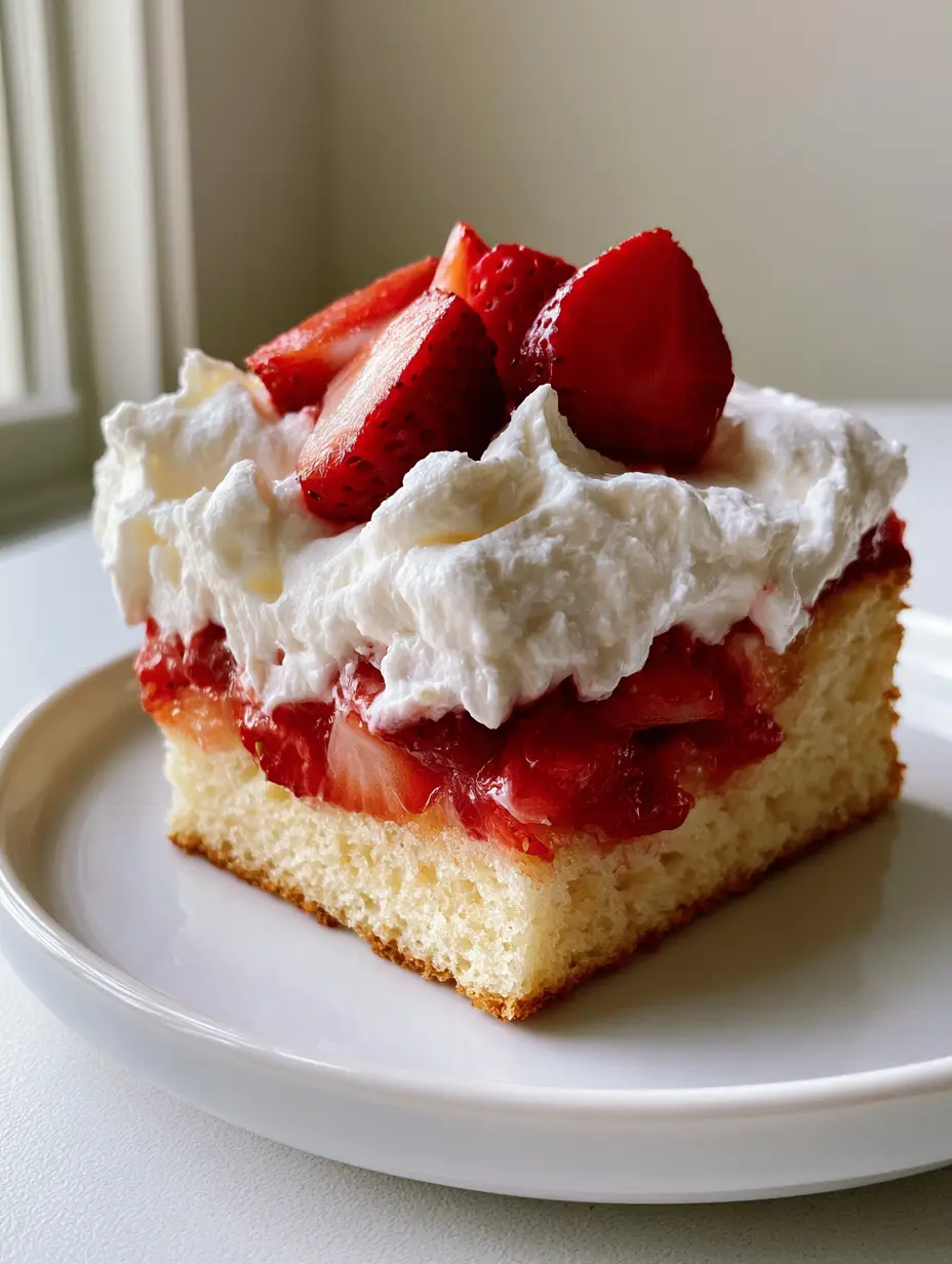 Erdbeerkuchen vom Blech: Das fluffigste Rezept mit Sahne & frischen Beeren 3 Nahaufnahme eines Stücks Erdbeerkuchen vom Blech mit goldenem Biskuitboden, roten Erdbeeren und Sahnehaube.