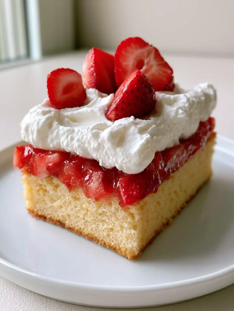 Erdbeerkuchen vom Blech: Das fluffigste Rezept mit Sahne & frischen Beeren 1 Frischer Erdbeerkuchen vom Blech mit Sahne und halbierten Erdbeeren als Dekoration auf einem minimalistischen Teller.