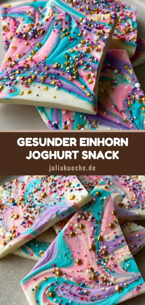 Mehrere unregelmäßige Stücke Einhorn Joghurt Bark mit bunten Streuseln und Goldsternen auf einer grauen Fläche.