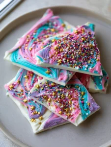Nahaufnahme von gefrorener Einhorn Joghurt Bark mit rosa, türkisen und lila Wirbeln.