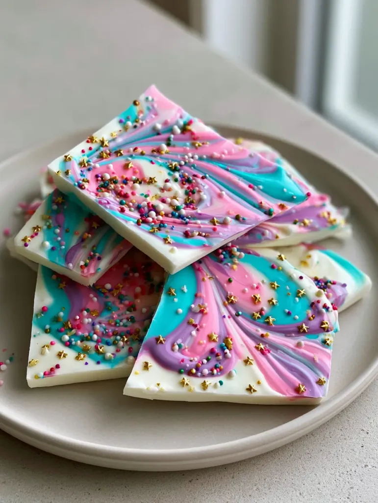 Draufsicht auf zerbrochene Stücke der Einhorn Joghurt Bark mit vielen bunten Zuckerperlen.