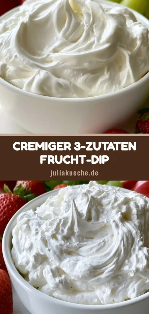 Ein weißer Keramikbecher mit luftigem Frucht Dip aus Marshmallow und Frischkäse, umgeben von Erdbeeren, Äpfeln und Trauben.