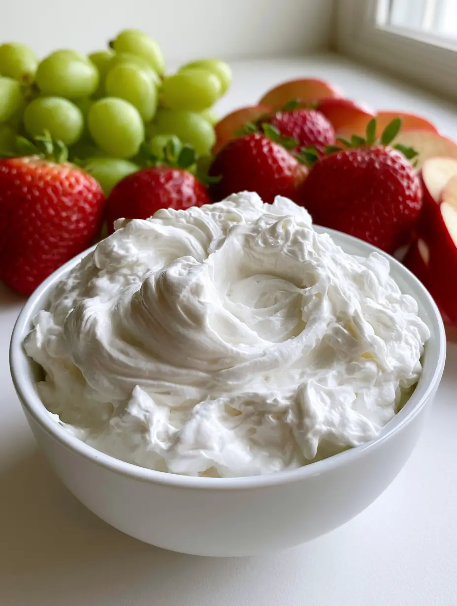 Nahaufnahme eines weißen Frucht Dips mit weichen Swirls in einer Schüssel, serviert mit frischem Obst.