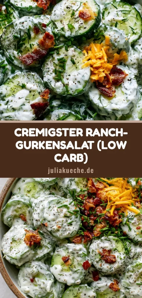 Ranch-Gurkensalat: Das ultimative Rezept mit Speck und Cheddar 4 Cremiger Ranch-Gurkensalat in einer rustikalen Schüssel mit Speck und Cheddar.