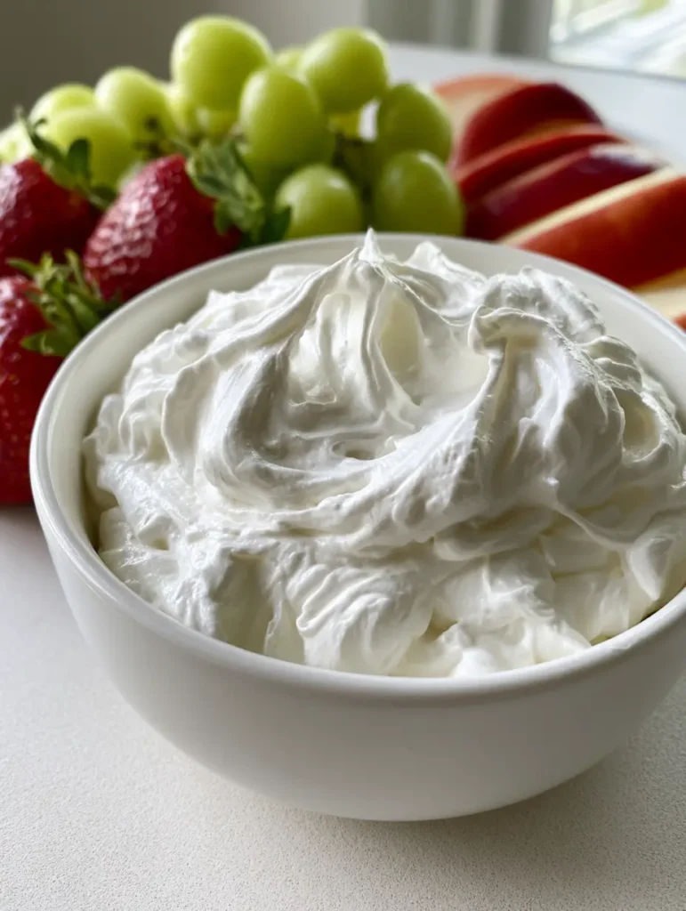 Ein appetitliches Obst-Platter mit Äpfeln, Trauben und einem cremigen Marshmallow-Frischkäse-Dip.
