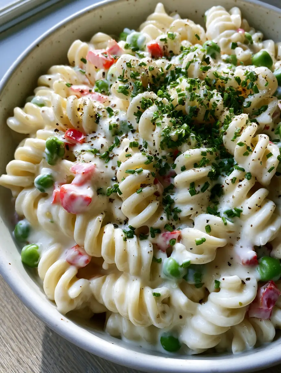Nudelsalat mit Schmand: Das ultimative Rezept für cremigen Genuss 3 Nahaufnahme von Fusilli-Nudeln in einem dicken, weißen Schmand-Dressing mit grünen Erbsen und roten Paprikastückchen.