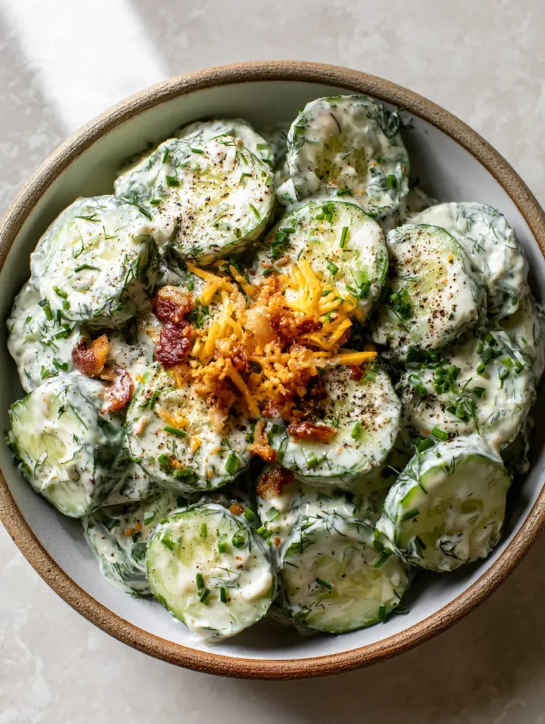 Ranch-Gurkensalat: Das ultimative Rezept mit Speck und Cheddar 1 Nahaufnahme von Ranch-Gurkensalat mit Fokus auf Speckwürfel und Cheddar-Käse.