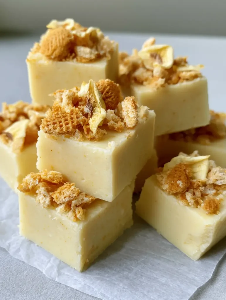 Bananenpudding Fudge: Das cremigste Dessert-Rezept mit Vanille-Waffeln 1 Bananenpudding Fudge Quadrate auf hellgrauem Pergamentpapier arrangiert.