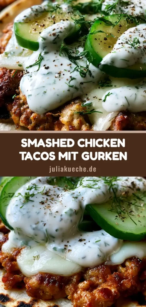 Smashed Chicken Tacos in der Pfanne mit geschmolzenem Mozzarella, Ranch-Dressing und Dill-Gurken.