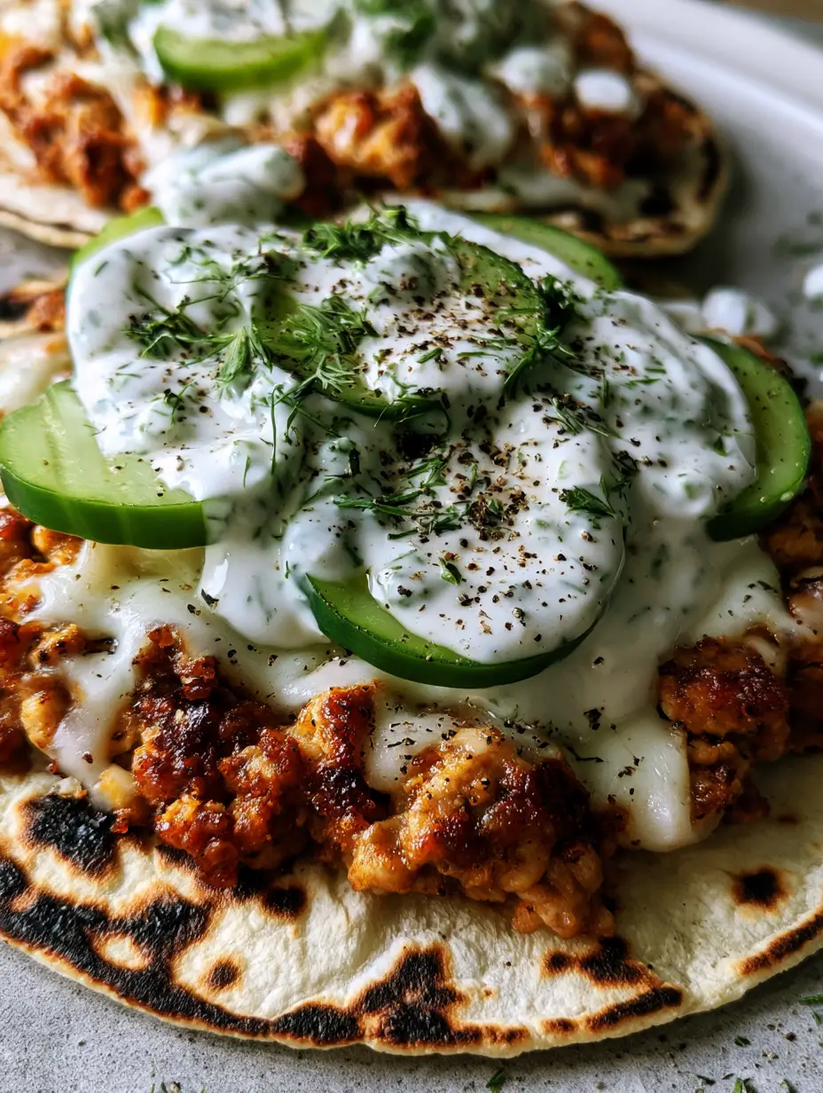 Nahaufnahme von Smashed Chicken Tacos mit verkohlten Rändern und frischem Dill.