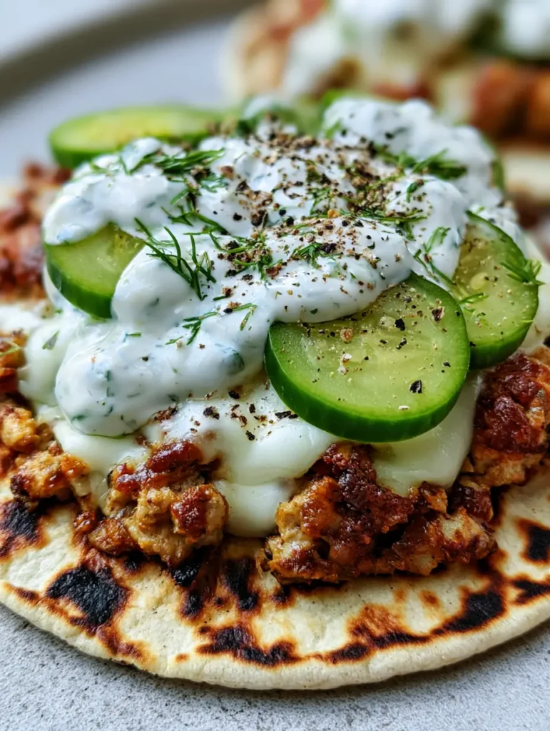 Ein Smashed Chicken Taco wird in der Hand gehalten, reichlich belegt mit Ranch und Gurken.