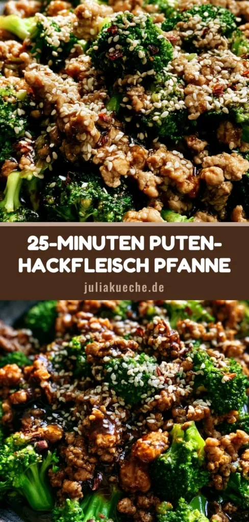 Nahaufnahme einer Puten-Hackfleisch Pfanne mit Brokkoli, Sesam und Chiliflocken in einer dunklen Schale.
